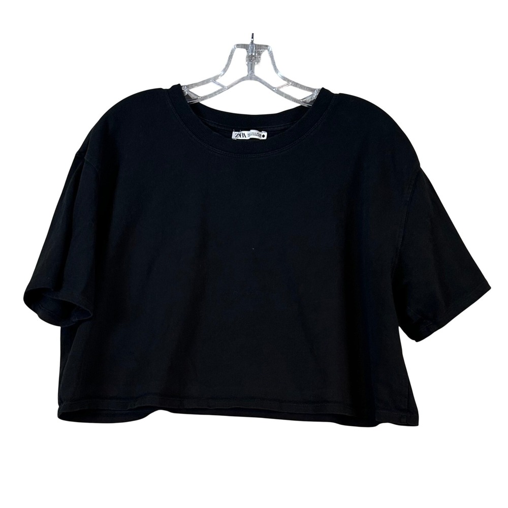 Zara Womens Black Cropped Boxy T-Shirt Short Sleeve Crew Neck Large Athleisure